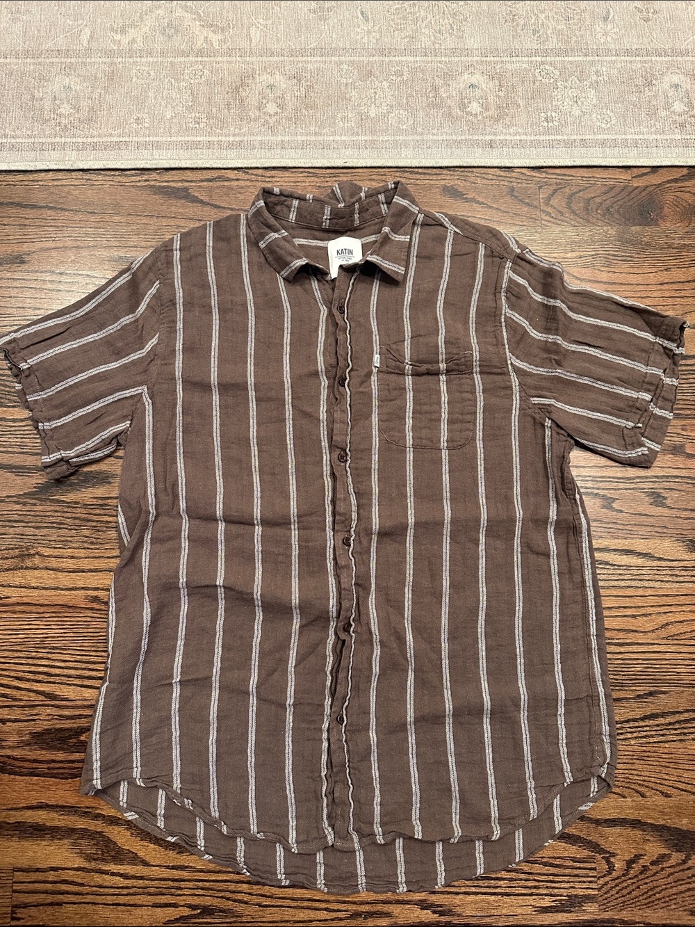 Katin Alan Short Sleeve Brown and White Vertical Stripe Short-Sleeve Button-Up